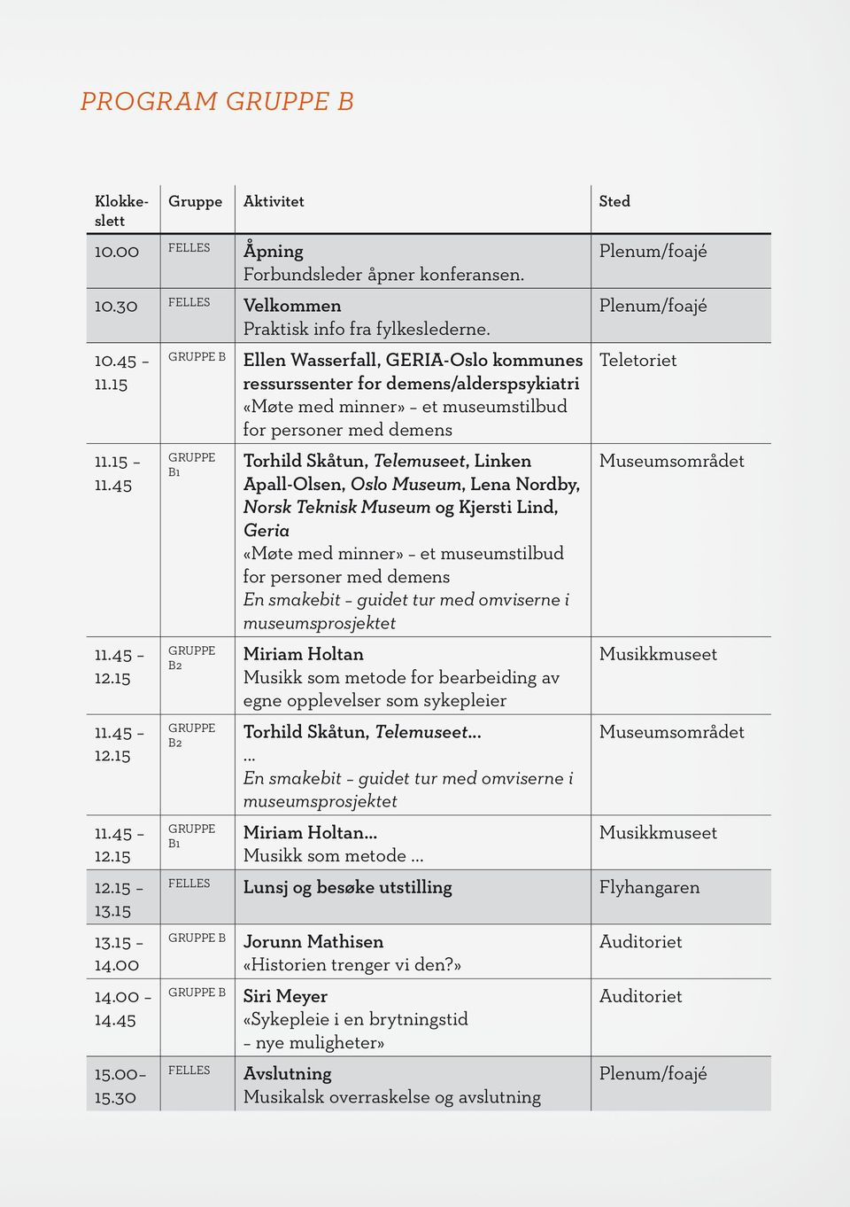 30 Plenum/foajé Plenum/foajé B Ellen Wasserfall, GERIA-Oslo kommunes Teletoriet ressurssenter for demens/alderspsykiatri «Møte med minner» et museumstilbud for personer med demens Torhild Skåtun,