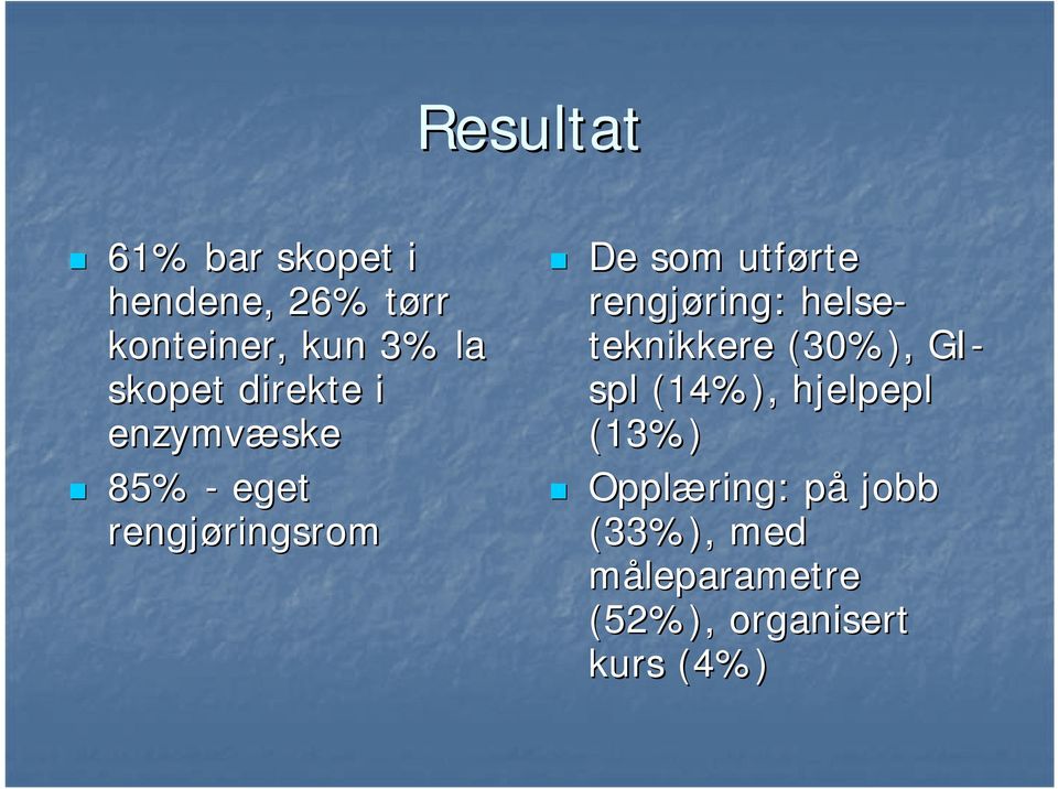 utførte rengjøring: ring: helse- teknikkere (30%), GI- spl (14%),