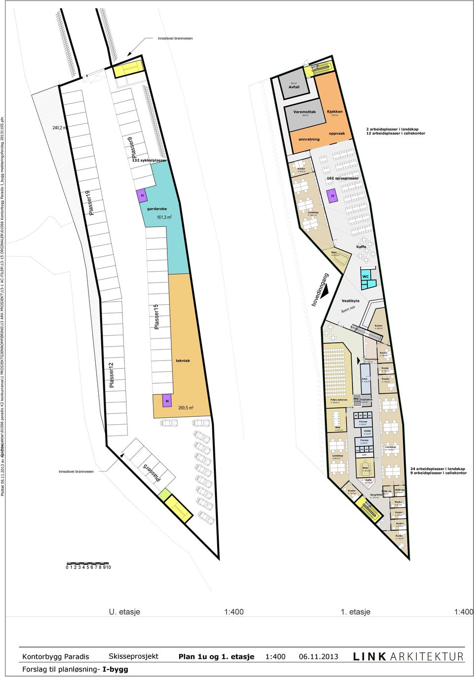 0, m 16 spiseplasser Plasser19 garderobe 161,3 m A: 109,1 m kaffe A: m hovedinngang Vestibyle åpent opp Plasser15 4 x 175 = 400 A: 6,9 m teknisk A: 16,0 m Ekspedisjon Plasser1 A: 10,0 m A: 15,9 m