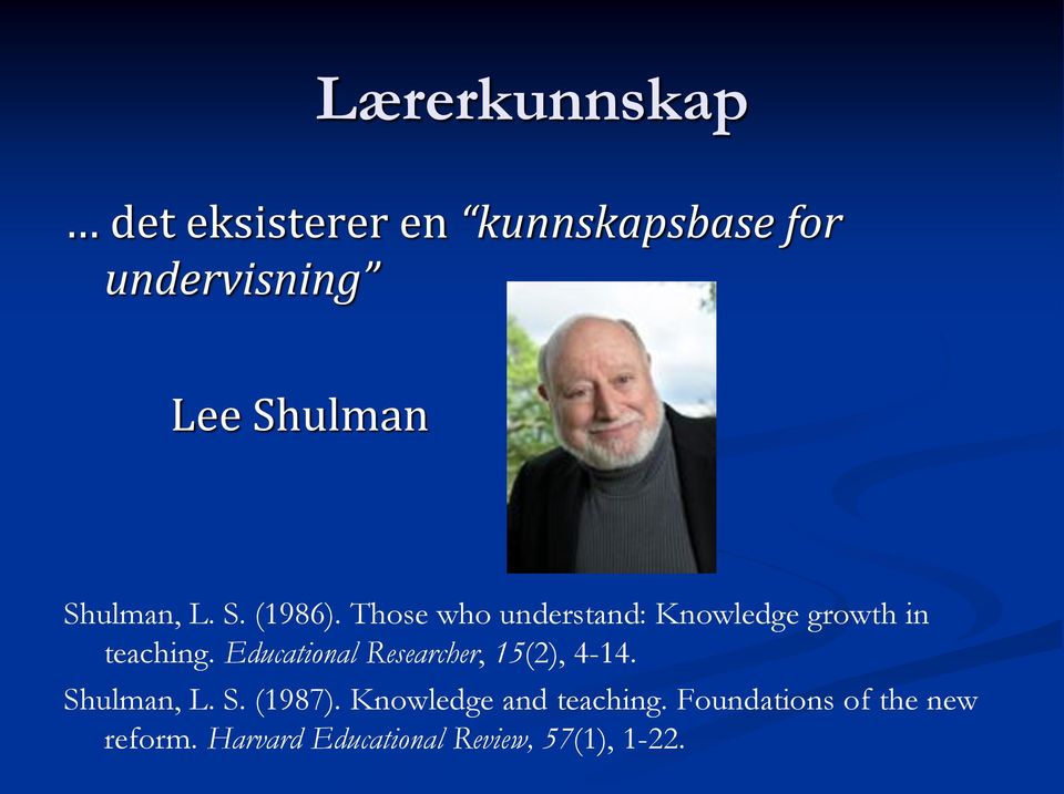 Educational Researcher, 15(2), 4-14. Shulman, L. S. (1987).
