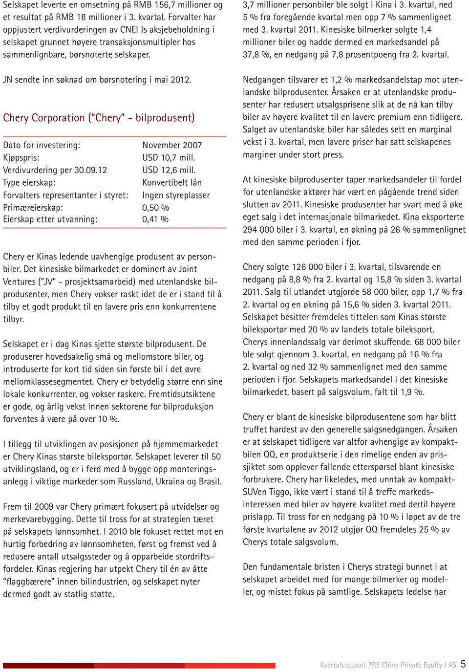 JN sendte inn søknad om børsnotering i mai 2012. Chery Corporation ( Chery - bilprodusent) Dato for investering: November 2007 USD 10,7 mill. Verdivurdering per 30.09.12 USD 12,6 mill.
