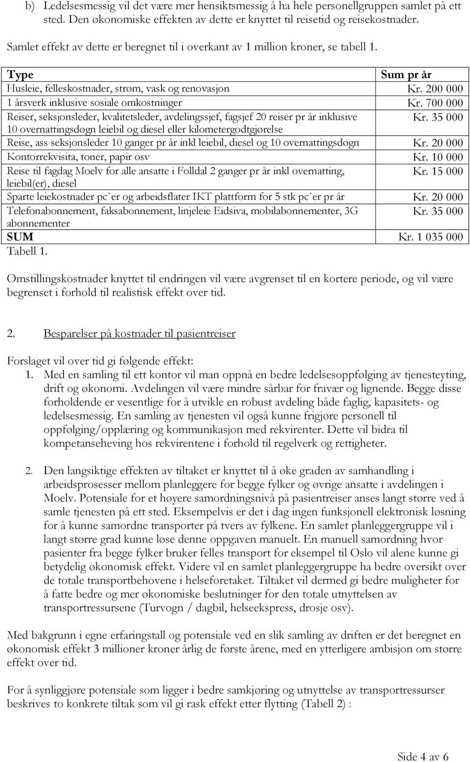 200 000 1 årsverk inklusive sosiale omkostninger Kr. 700 000 Reiser, seksjonsleder, kvalitetsleder, avdelingssjef, fagsjef 20 reiser pr år inklusive Kr.