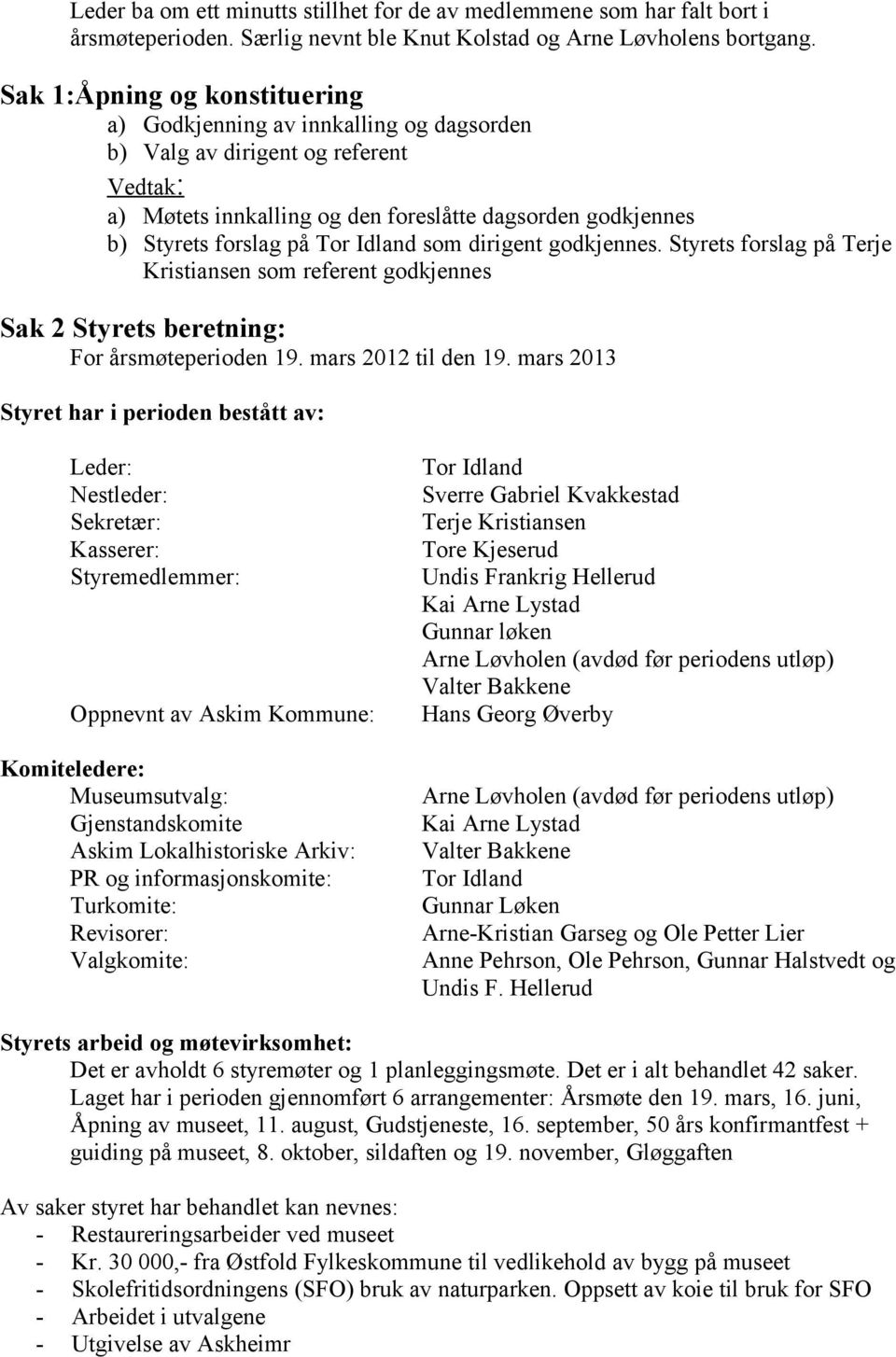 som dirigent godkjennes. Styrets forslag på Terje Kristiansen som referent godkjennes Sak 2 Styrets beretning: For årsmøteperioden 19. mars 2012 til den 19.