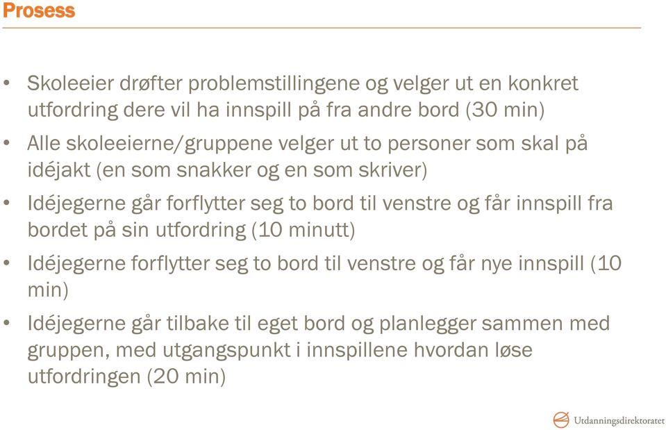 til venstre og får innspill fra bordet på sin utfordring (10 minutt) Idéjegerne forflytter seg to bord til venstre og får nye innspill