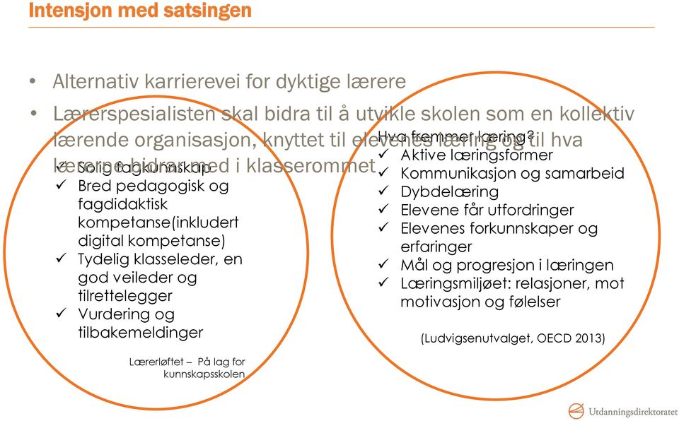 en god veileder og tilrettelegger Vurdering og tilbakemeldinger Lærerløftet På lag for kunnskapsskolen Hva fremmer læring?