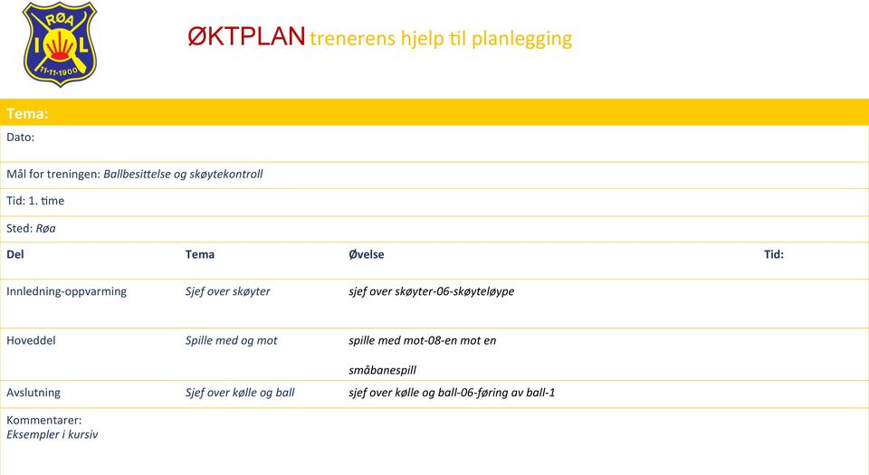 Eme Sted: Røa Del Tema Øvelse Tid: Innledning- oppvarming Sjef over skøyter sjef over skøyter- 06-