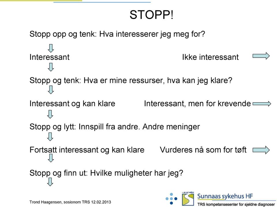 Interessant og kan klare Interessant, men for krevende Stopp og lytt: Innspill fra andre.