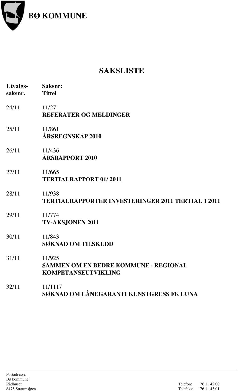 2010 27/11 11/665 TERTIALRAPPORT 01/ 2011 28/11 11/938 TERTIALRAPPORTER INVESTERINGER 2011 TERTIAL 1 2011