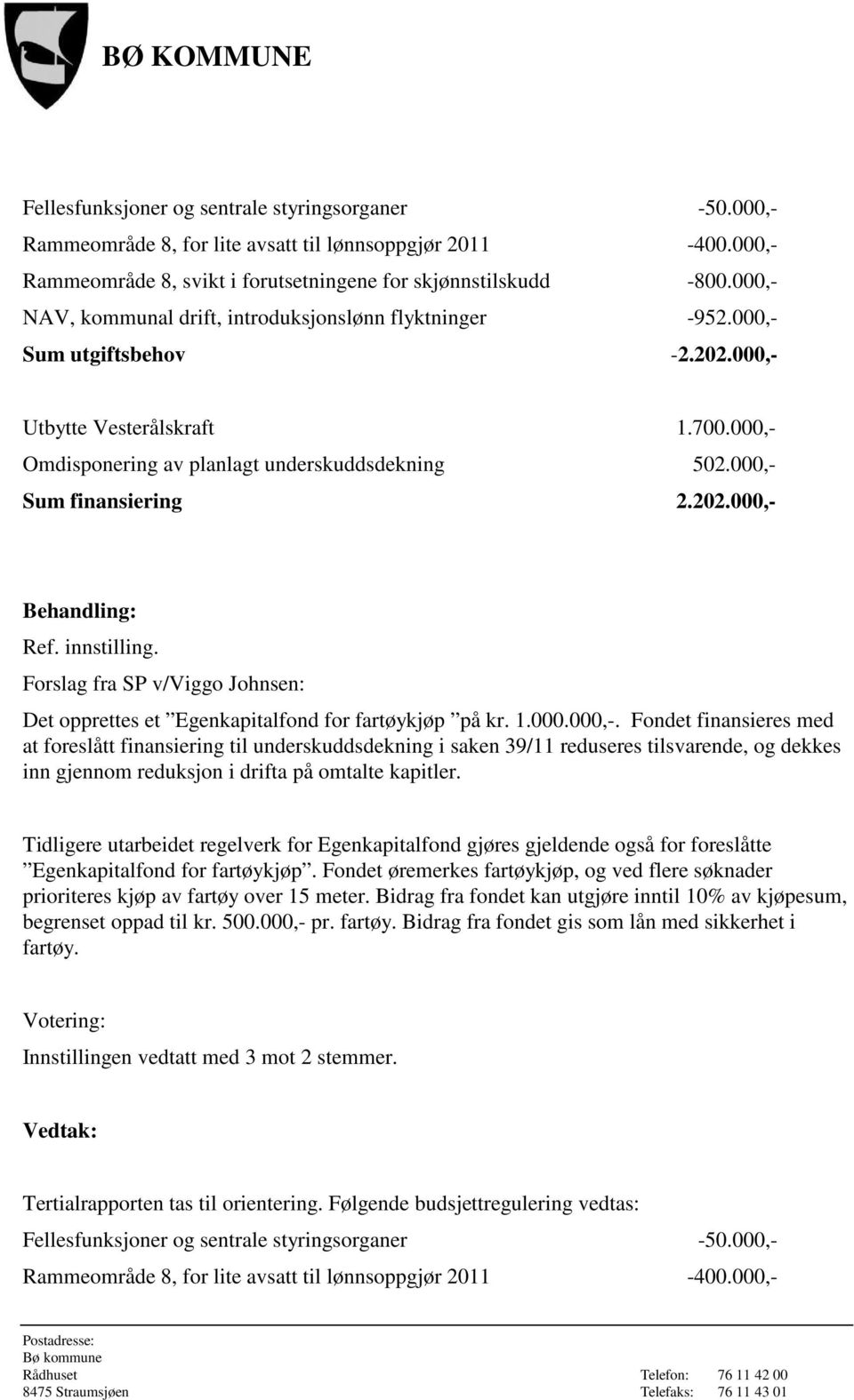 000,- Sum finansiering 2.202.000,- Forslag fra SP v/viggo Johnsen: Det opprettes et Egenkapitalfond for fartøykjøp på kr. 1.000.000,-. Fondet finansieres med at foreslått finansiering til underskuddsdekning i saken 39/11 reduseres tilsvarende, og dekkes inn gjennom reduksjon i drifta på omtalte kapitler.