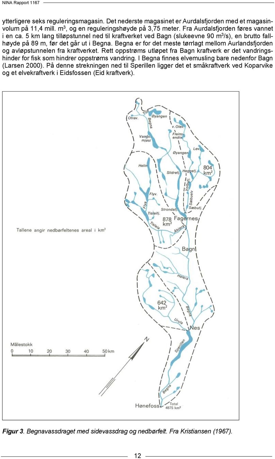 Begna er for det meste tørrlagt mellom Aurlandsfjorden og avløpstunnelen fra kraftverket. Rett oppstrøms utløpet fra Bagn kraftverk er det vandringshinder for fisk som hindrer oppstrøms vandring.
