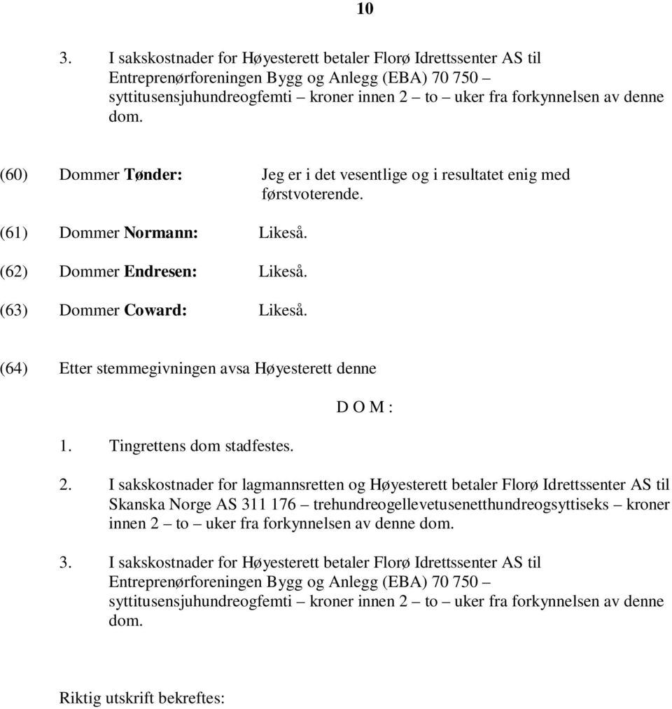 (64) Etter stemmegivningen avsa Høyesterett denne 1. Tingrettens dom stadfestes. D O M : 2.