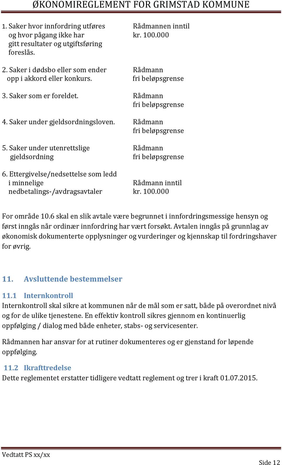 Ettergivelse/nedsettelse som ledd i minnelige Rådmann inntil nedbetalings-/avdragsavtaler kr. 100.000 For område 10.