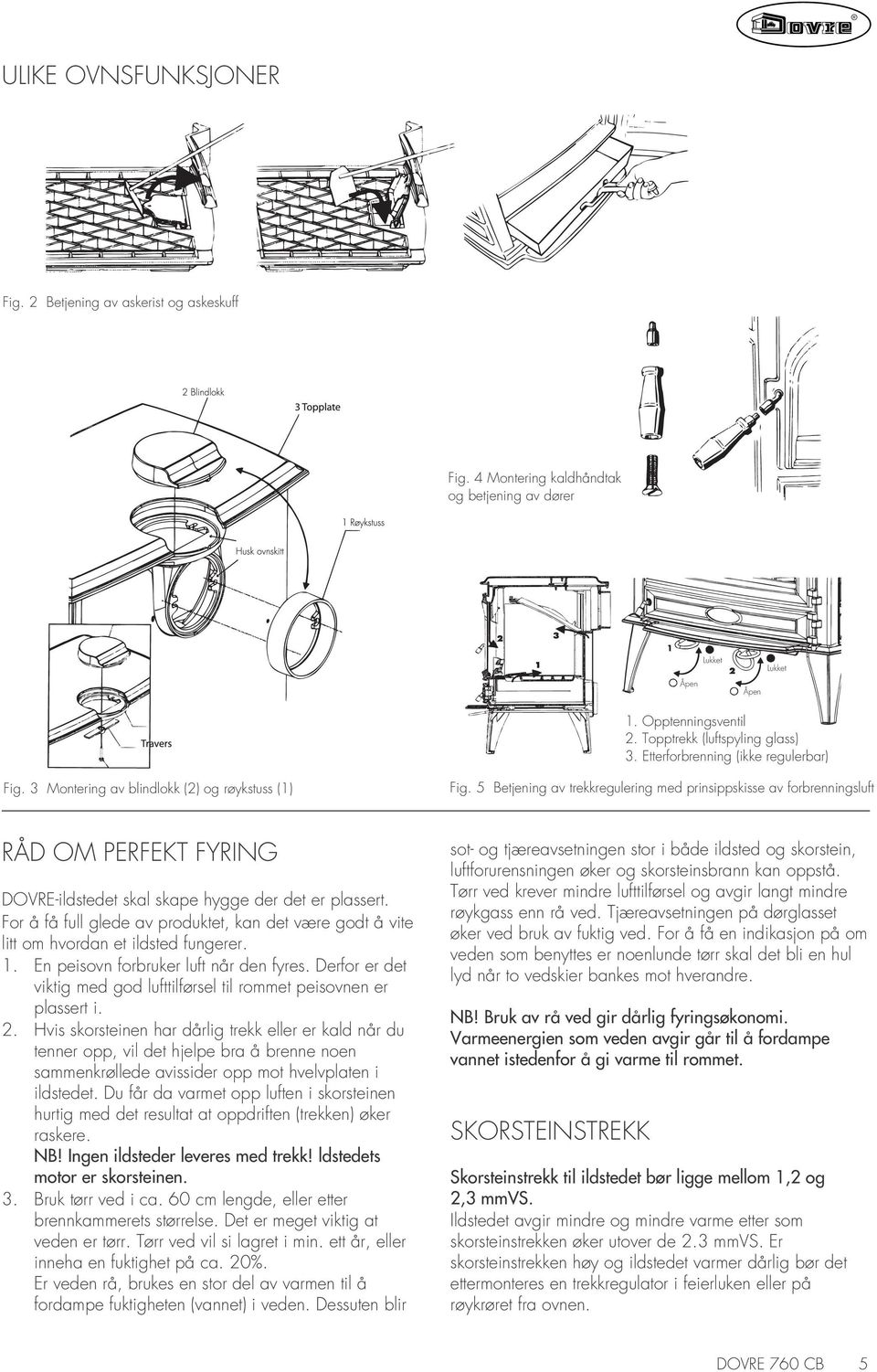 5 Betjening av trekkregulering med prinsippskisse av forbrenningsluft RÅD OM PERFEKT FYRING DOVRE-ildstedet skal skape hygge der det er plassert.