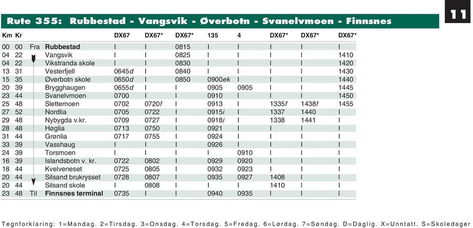 0700 I l 0910 l l l 1450 25 48 Slettemoen 0702 0720f l 0913 l 1335f 1438f 1455 27 52 Nordlia 0705 0722 I 0915i I 1337 1440 I 29 48 Nybygda v.kr.