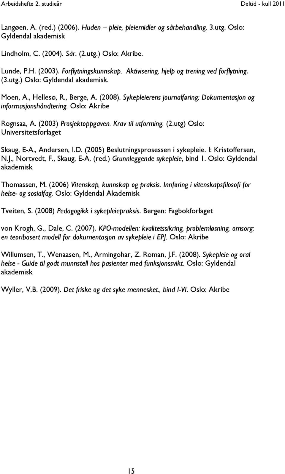 Oslo: Akribe Rognsaa, A. (2003) Prosjektoppgaven. Krav til utforming. (2.utg) Oslo: Universitetsforlaget Skaug, E-A., Andersen, I.D. (2005) Beslutningsprosessen i sykepleie. I: Kristoffersen, N.J.