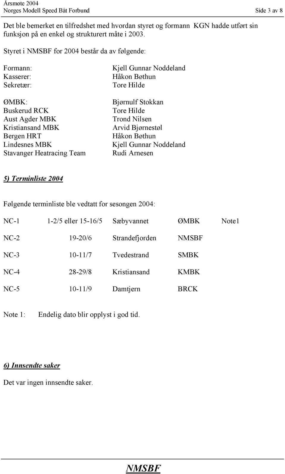 Håkon Bøthun Bjørnulf Stokkan Trond Nilsen Arvid Bjørnestøl Håkon Bøthun Kjell Gunnar Noddeland Rudi Arnesen 5) Terminliste 2004 Følgende terminliste ble vedtatt for sesongen 2004: NC-1 1-2/5 eller