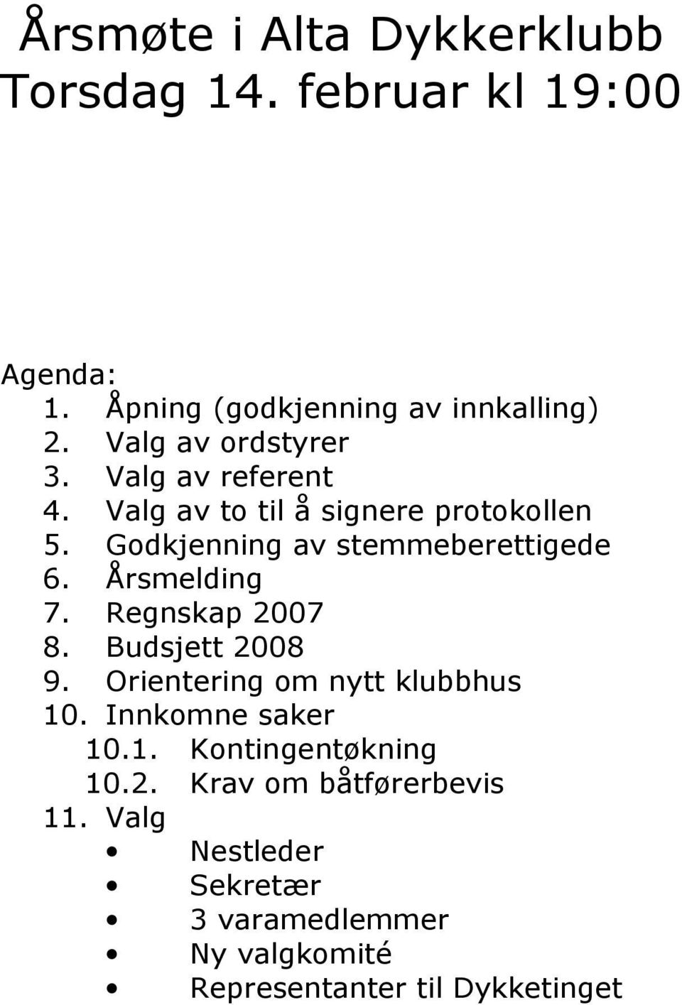 Godkjenning av stemmeberettigede 6. Årsmelding 7. Regnskap 2007 8. Budsjett 2008 9.