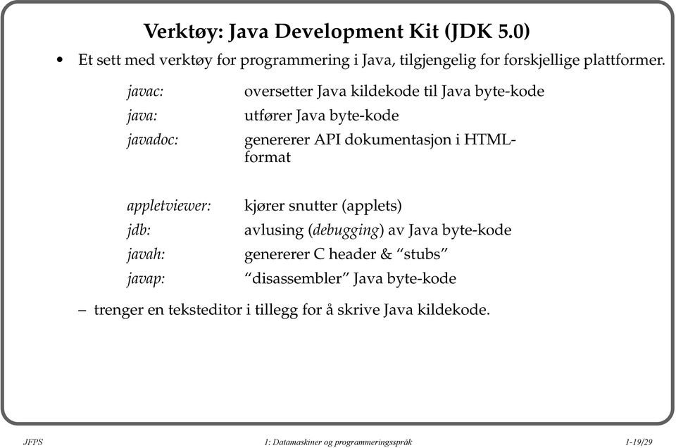 appletviewer: jdb: javah: javap: kjører snutter (applets) avlusing (debugging) av Java byte-kode genererer C header & stubs