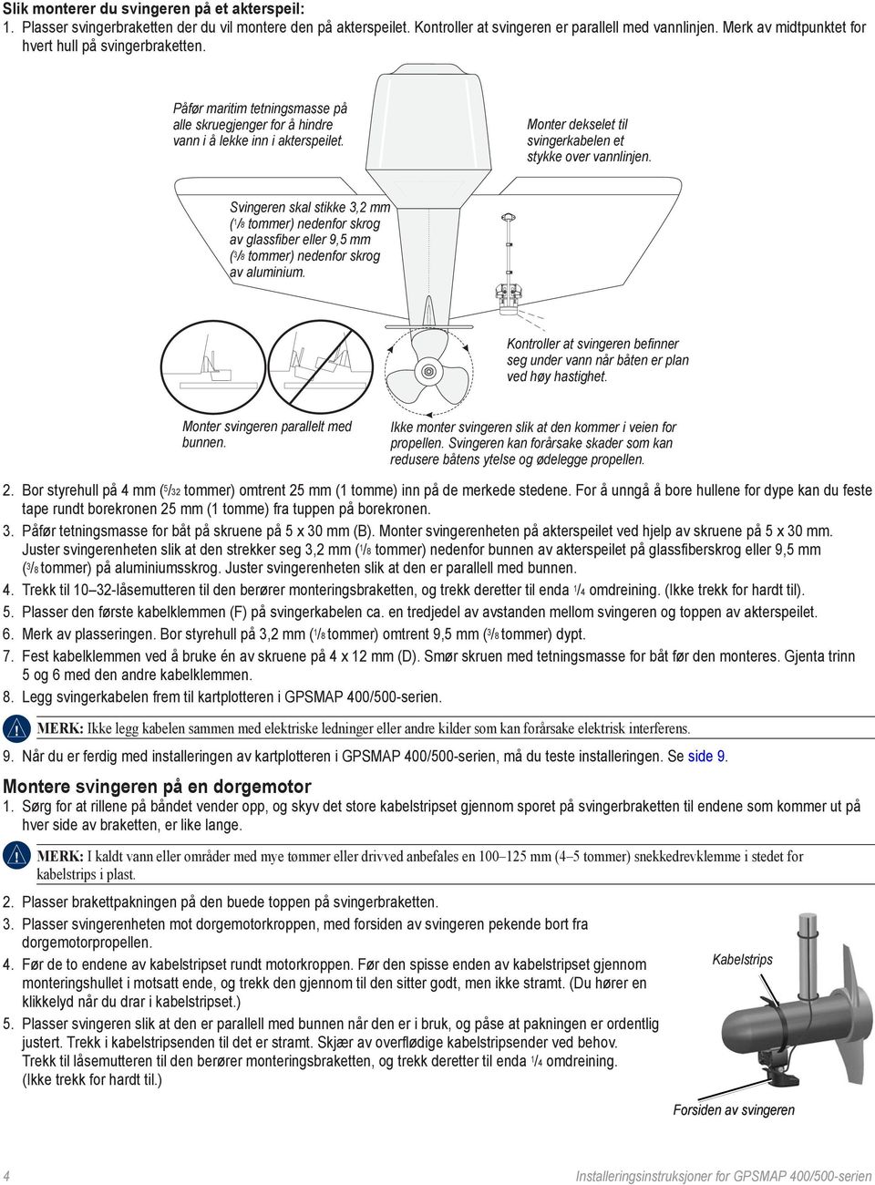 Monter dekselet til svingerkabelen et stykke over vannlinjen. Svingeren skal stikke 3,2 mm ( 1 /8 tommer) nedenfor skrog av glassfiber eller 9,5 mm ( 3 /8 tommer) nedenfor skrog av aluminium.