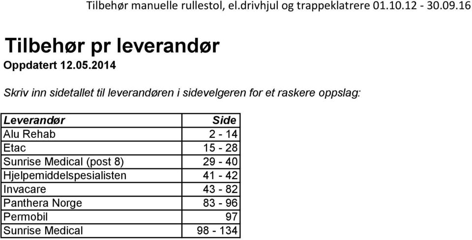 oppslag: Leverandør Side Alu Rehab 2-14 Etac 15-28 Sunrise Medical (post