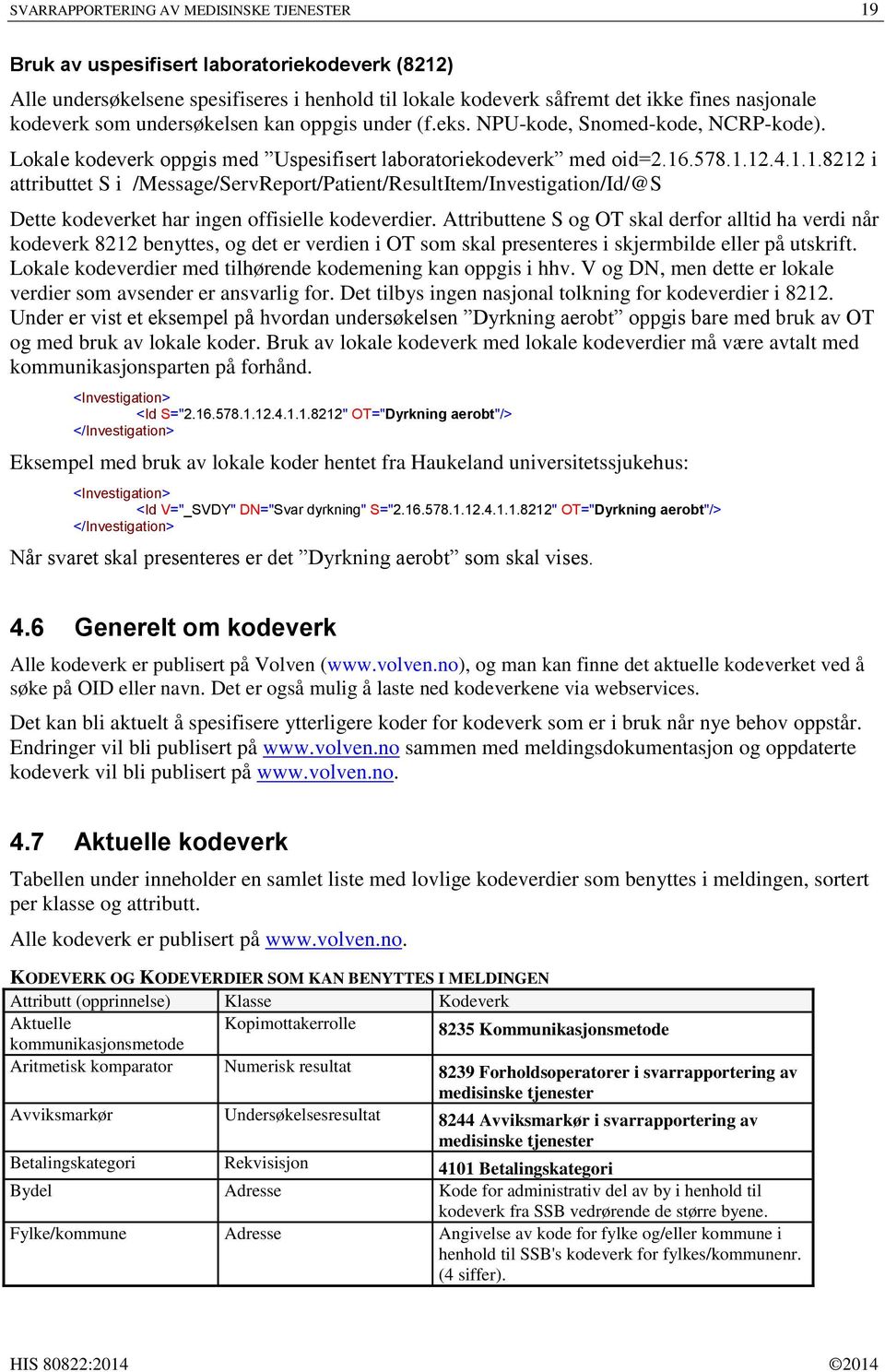 .578.1.12.4.1.1.8212 i attributtet S i /Message/ServReport/Patient/ResultItem/Investigation/Id/@S Dette kodeverket har ingen offisielle kodeverdier.