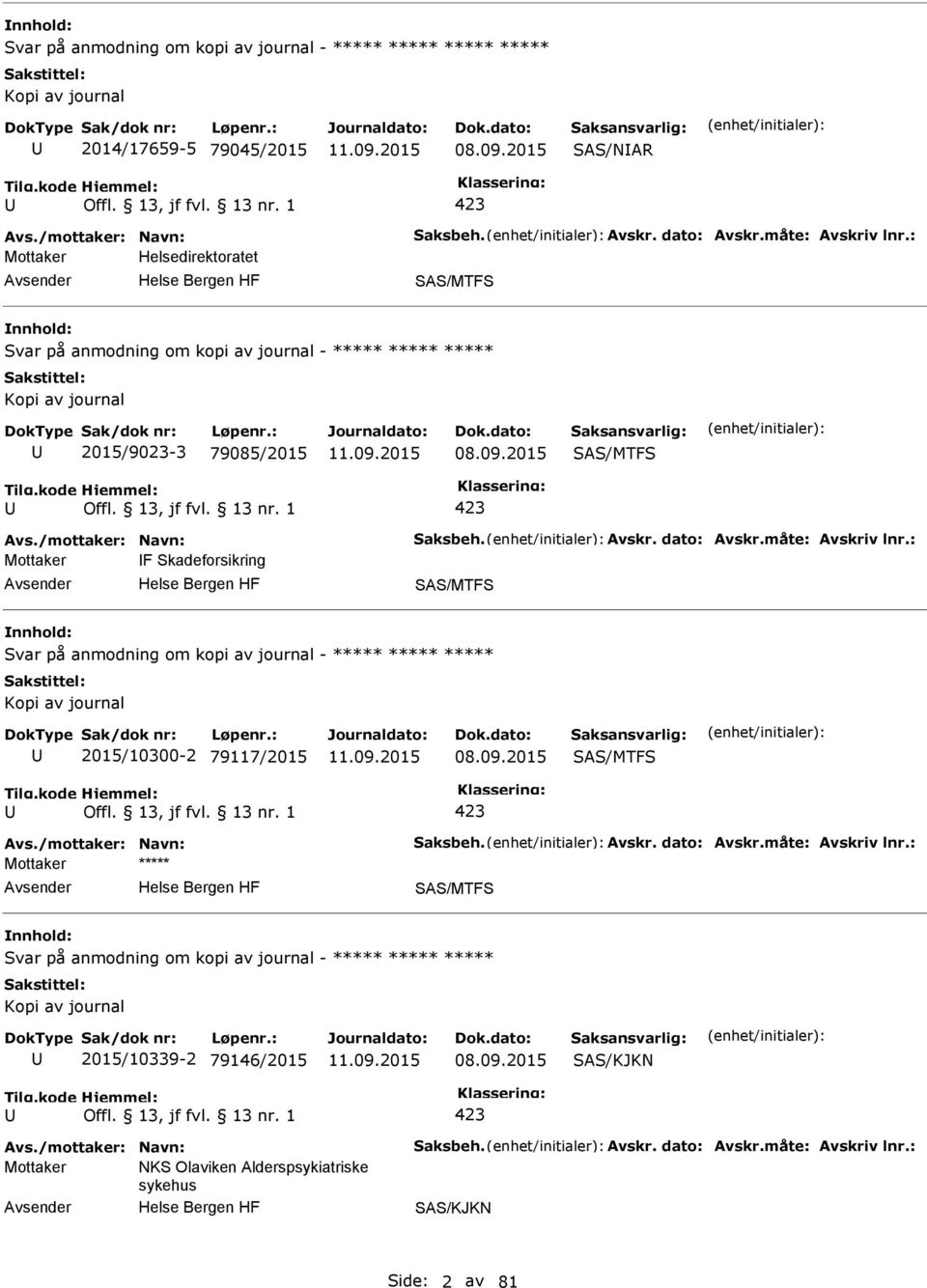 dato: Avskr.måte: Avskriv lnr.: Mottaker F Skadeforsikring SAS/MTFS Svar på anmodning om kopi av journal - ***** ***** ***** Kopi av journal 2015/10300-2 79117/2015 08.09.2015 SAS/MTFS 423 Avs.