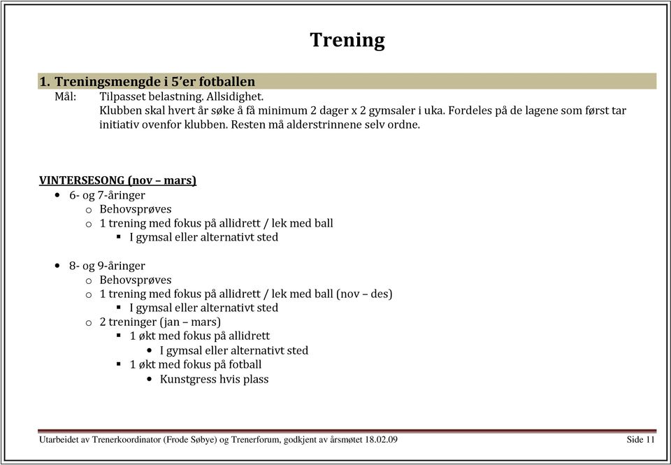 VINTERSESONG (nov mars) 6- og 7-åringer o Behovsprøves o 1 trening med fokus på allidrett / lek med ball I gymsal eller alternativt sted 8- og 9-åringer o Behovsprøves o 1 trening med