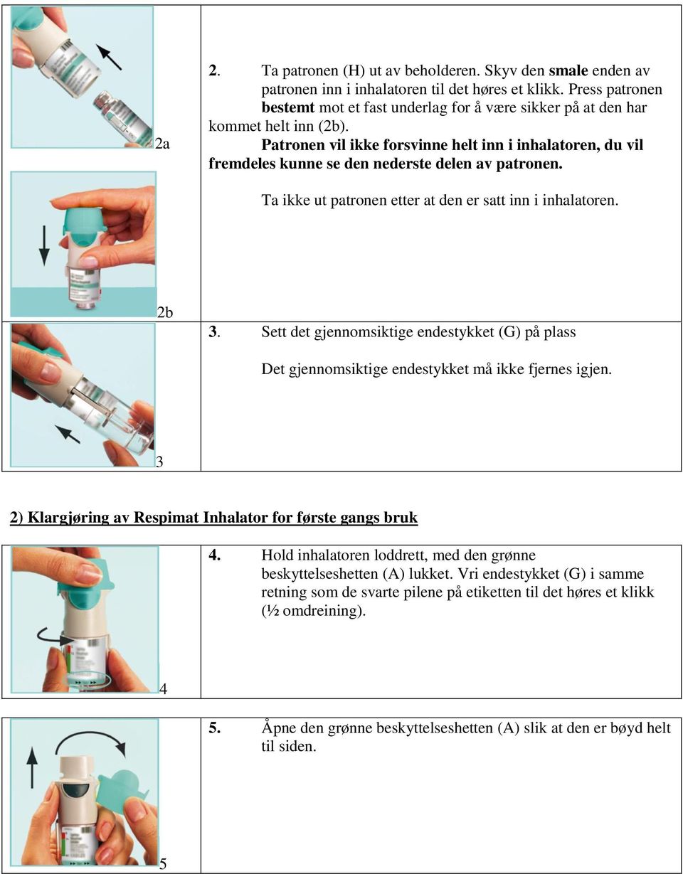Patronen vil ikke forsvinne helt inn i inhalatoren, du vil fremdeles kunne se den nederste delen av patronen. Ta ikke ut patronen etter at den er satt inn i inhalatoren. 2b 3.