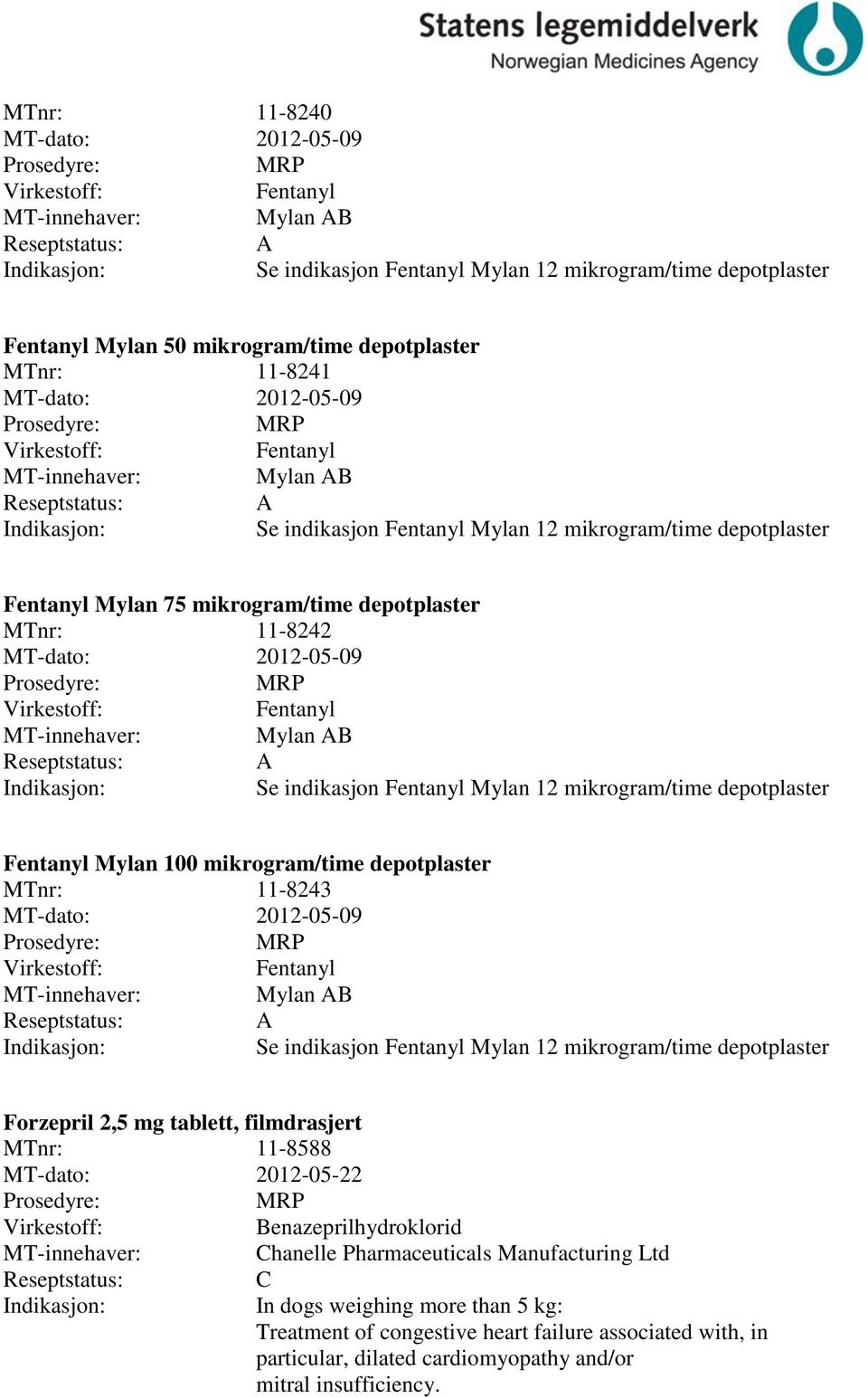 Mylan 100 mikrogram/time depotplaster 11-8243 MT-dato: 2012-05-09 Fentanyl A Se indikasjon Fentanyl Mylan 12 mikrogram/time depotplaster Forzepril 2,5 mg tablett, filmdrasjert 11-8588 MT-dato: