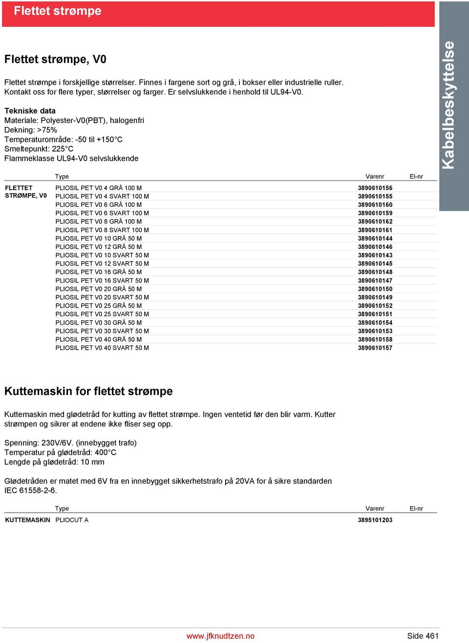 Tekniske data Materiale: Polyester-V0(PBT), halogenfri Dekning: >75% Temperaturområde: -50 til +150 C Smeltepunkt: 225 C Flammeklasse UL94-V0 selvslukkende FLETTET STRØMPE, V0 PLIOSIL PET V0 4 GRÅ