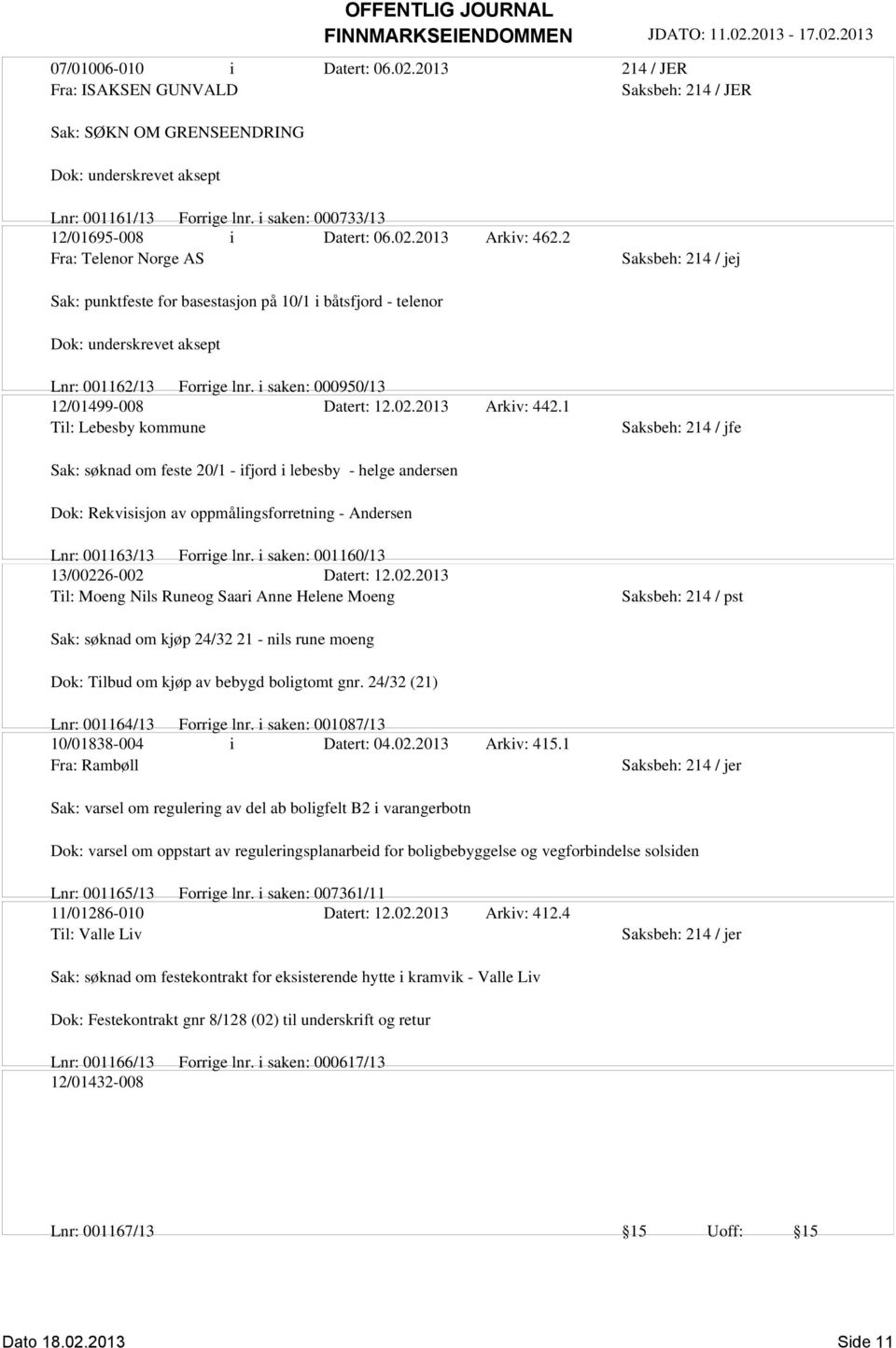 2 Fra: Telenor Norge AS Sak: punktfeste for basestasjon på 10/1 i båtsfjord - telenor Dok: underskrevet aksept Lnr: 001162/13 Forrige lnr. i saken: 000950/13 12/01499-008 Datert: 12.02.