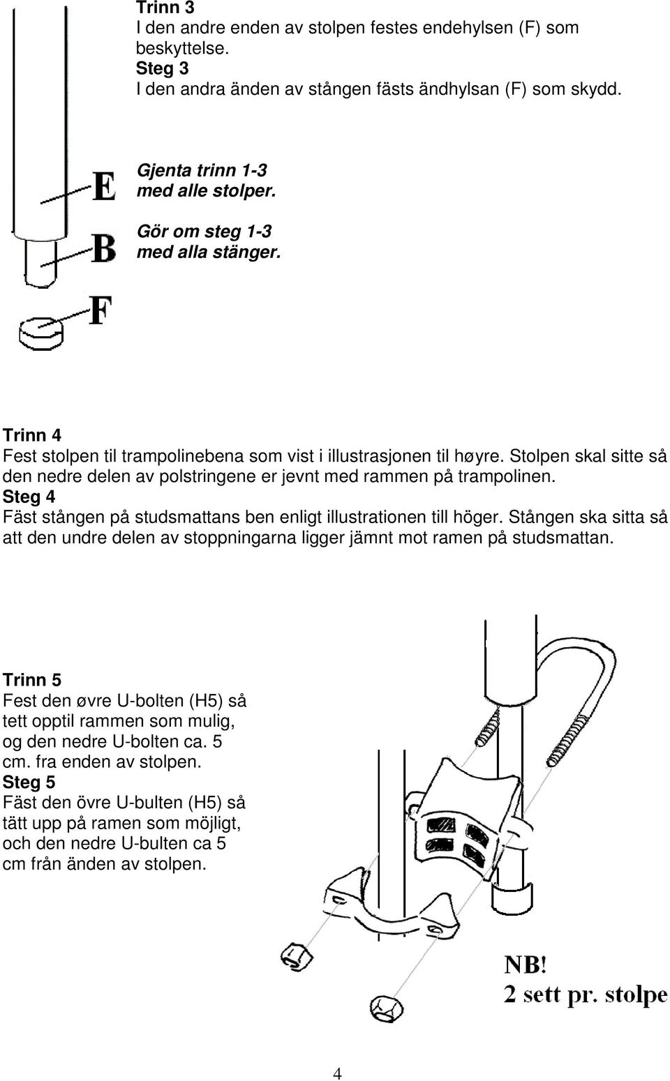 Steg 4 Fäst stången på studsmattans ben enligt illustrationen till höger. Stången ska sitta så att den undre delen av stoppningarna ligger jämnt mot ramen på studsmattan.