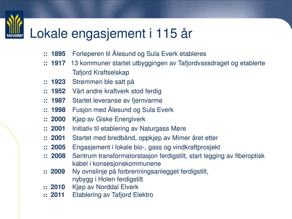 etablering av Naturgass Møre :: 2001 Startet med bredbånd, oppkjøp av Mimer året etter :: 2005 Engasjement i lokale bio-, gass og vindkraftprosjekt :: 2008 Sentrum transformatorstasjon ferdigstilt,