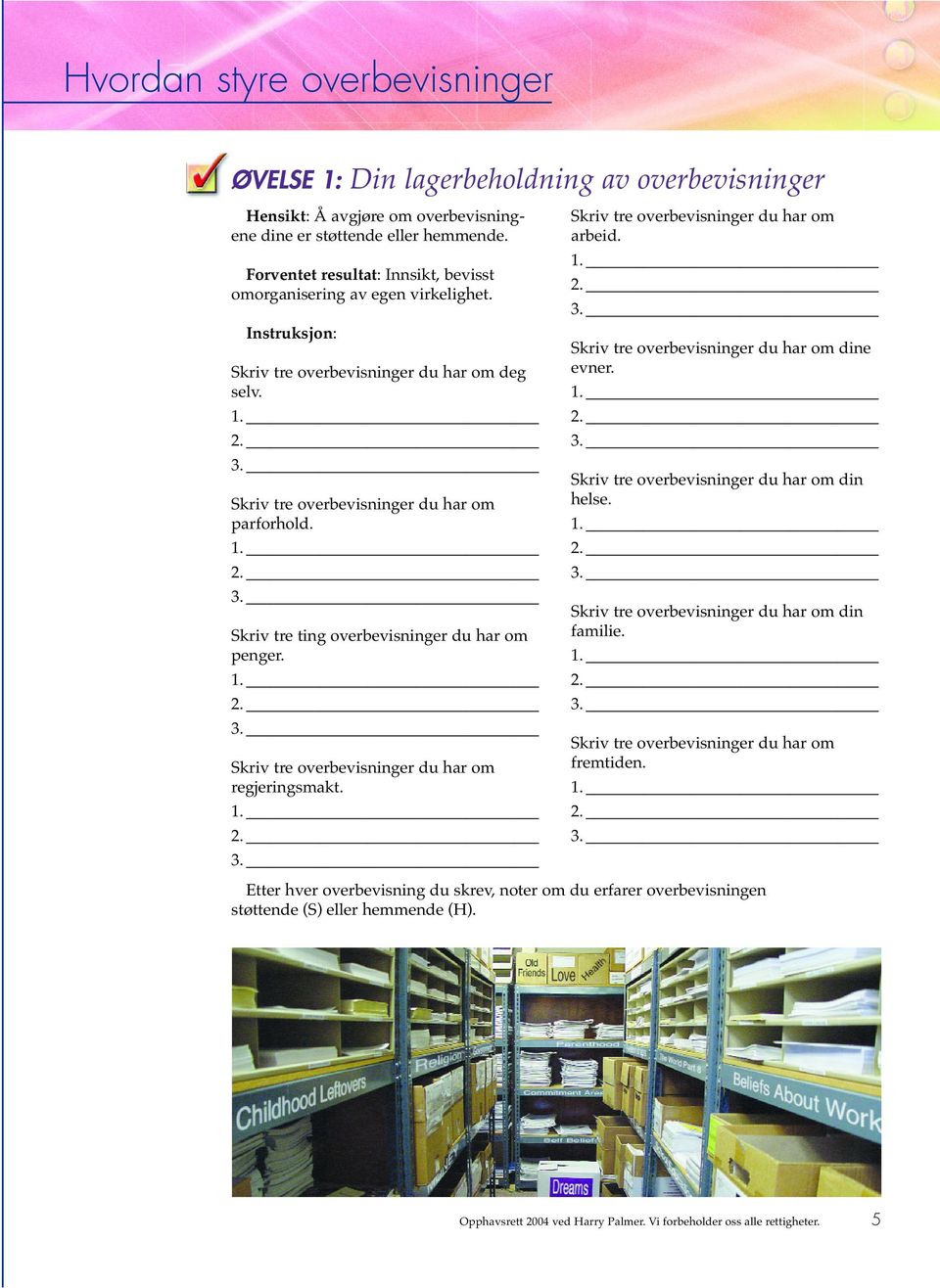 Skriv tre overbevisninger du har om regjeringsmakt. Skriv tre overbevisninger du har om arbeid. Skriv tre overbevisninger du har om dine evner. Skriv tre overbevisninger du har om din helse.