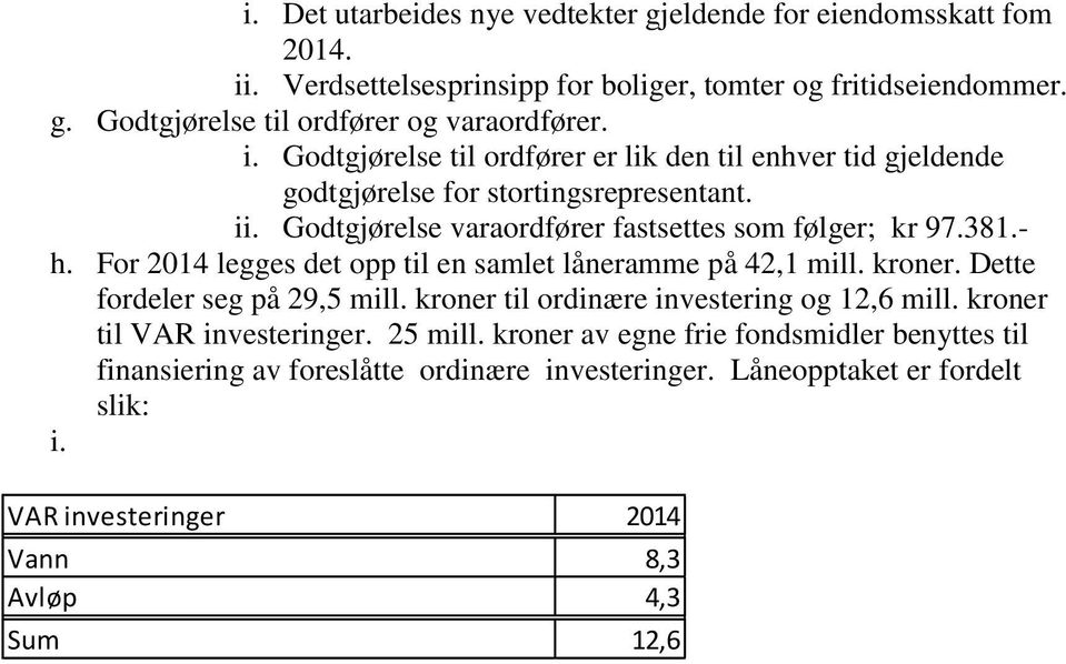 For 2014 legges det opp til en samlet låneramme på 42,1 mill. kroner. Dette fordeler seg på 29,5 mill. kroner til ordinære investering og 12,6 mill. kroner til VAR investeringer.