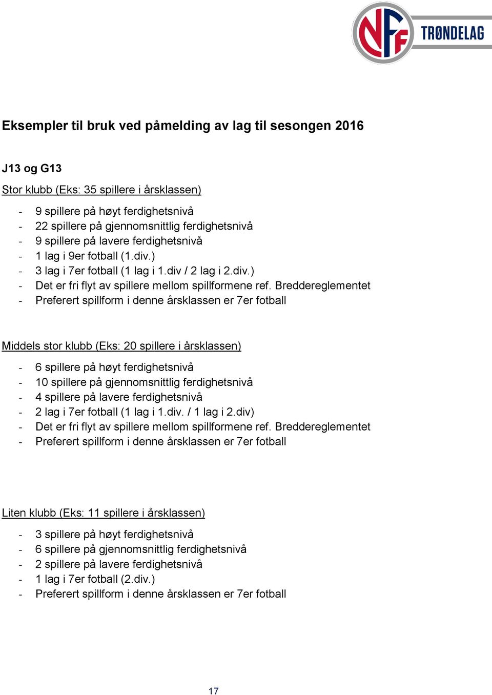 Breddereglementet - Preferert spillform i denne årsklassen er 7er fotball Middels stor klubb (Eks: 20 spillere i årsklassen) - 6 spillere på høyt ferdighetsnivå - 10 spillere på gjennomsnittlig