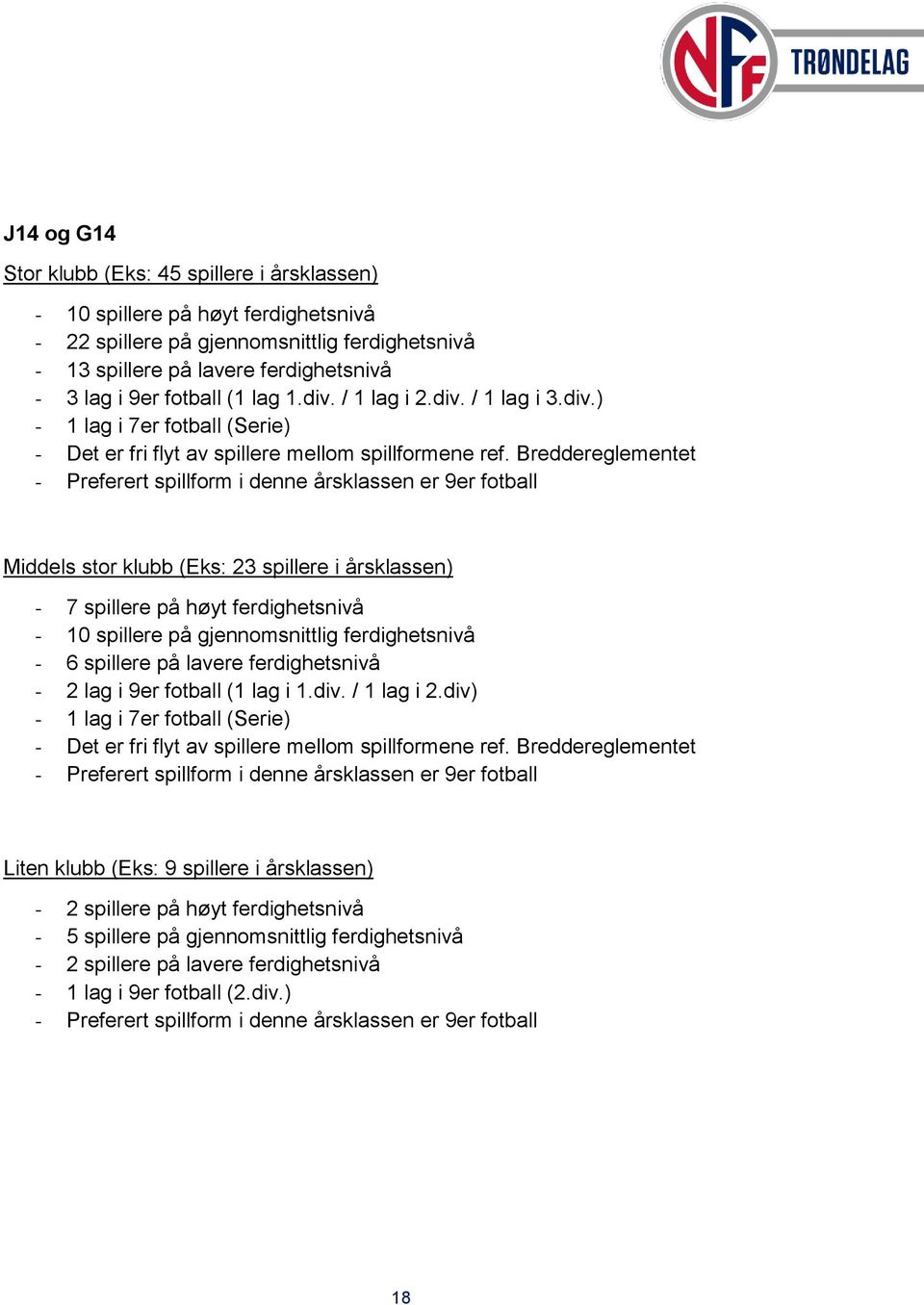 Breddereglementet - Preferert spillform i denne årsklassen er 9er fotball Middels stor klubb (Eks: 23 spillere i årsklassen) - 7 spillere på høyt ferdighetsnivå - 10 spillere på gjennomsnittlig