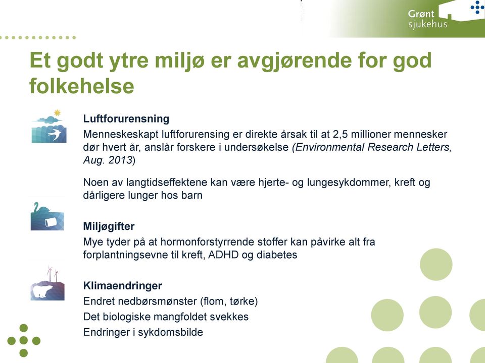 2013) Noen av langtidseffektene kan være hjerte- og lungesykdommer, kreft og dårligere lunger hos barn Miljøgifter Mye tyder på at