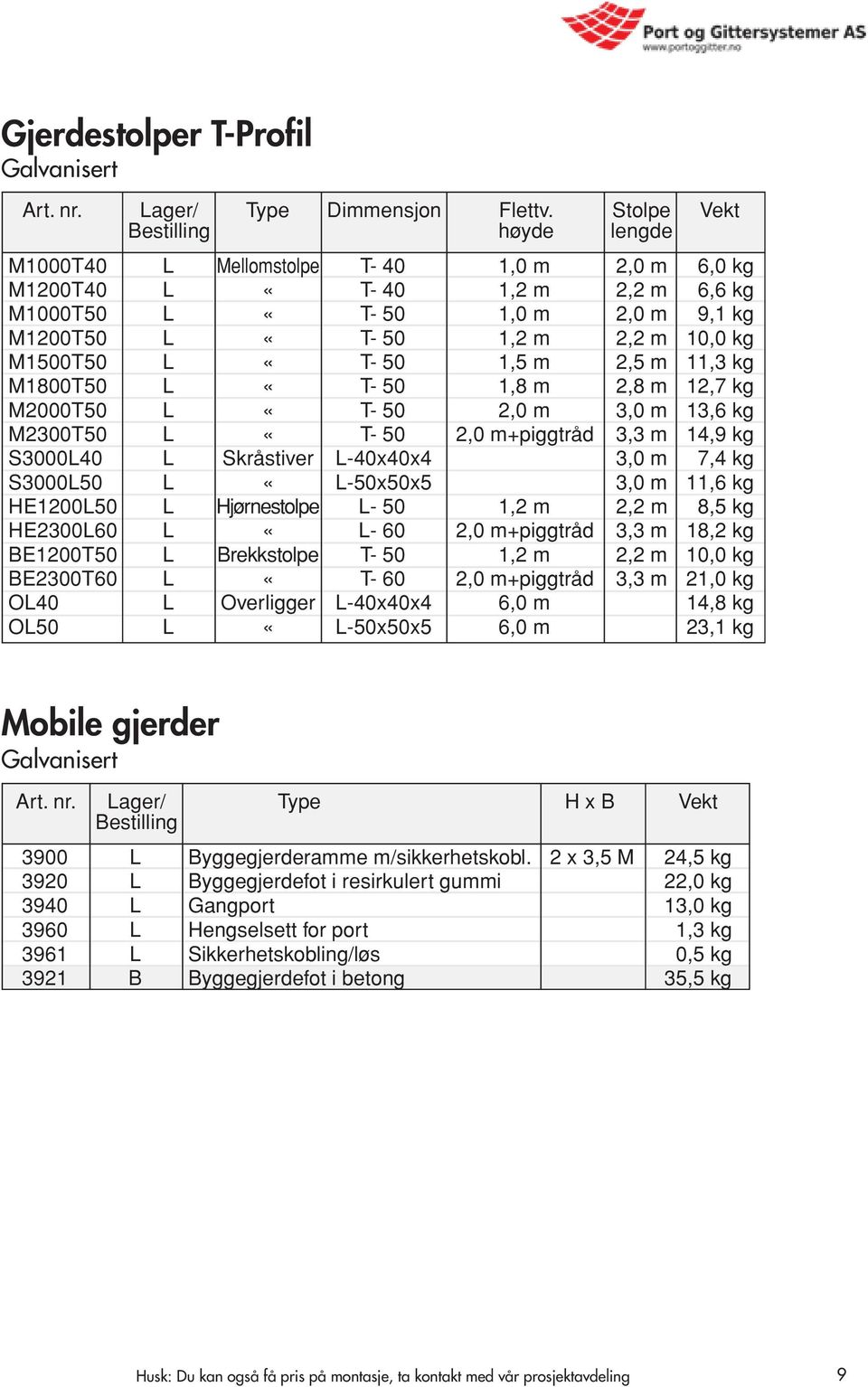 50 1,2 m 2,2 m 10,0 kg 348,00 M1500T50 L «T- 50 1,5 m 2,5 m 11,3 kg 387,00 M1800T50 L «T- 50 1,8 m 2,8 m 12,7 kg 424,00 M2000T50 L «T- 50 2,0 m 3,0 m 13,6 kg 454,00 M2300T50 L «T- 50 2,0 m+piggtråd