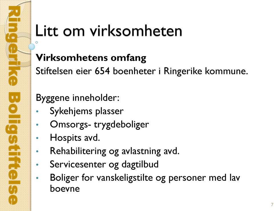 Byggene inneholder: Sykehjems plasser Omsorgs- trygdeboliger Hospits