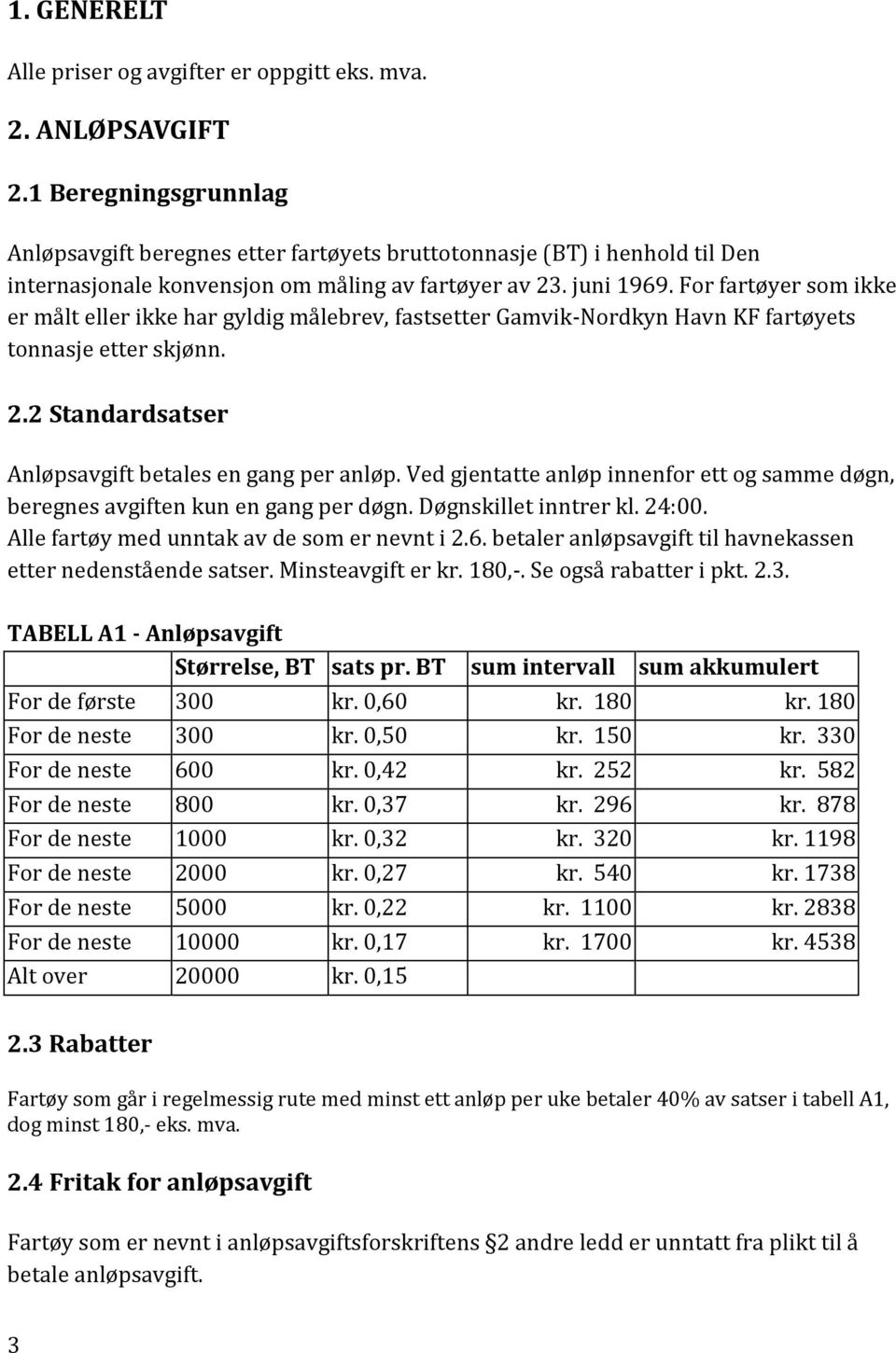 For fartøyer som ikke er målt eller ikke har gyldig målebrev, fastsetter Gamvik-Nordkyn Havn KF fartøyets tonnasje etter skjønn. 2.2 Standardsatser Anløpsavgift betales en gang per anløp.