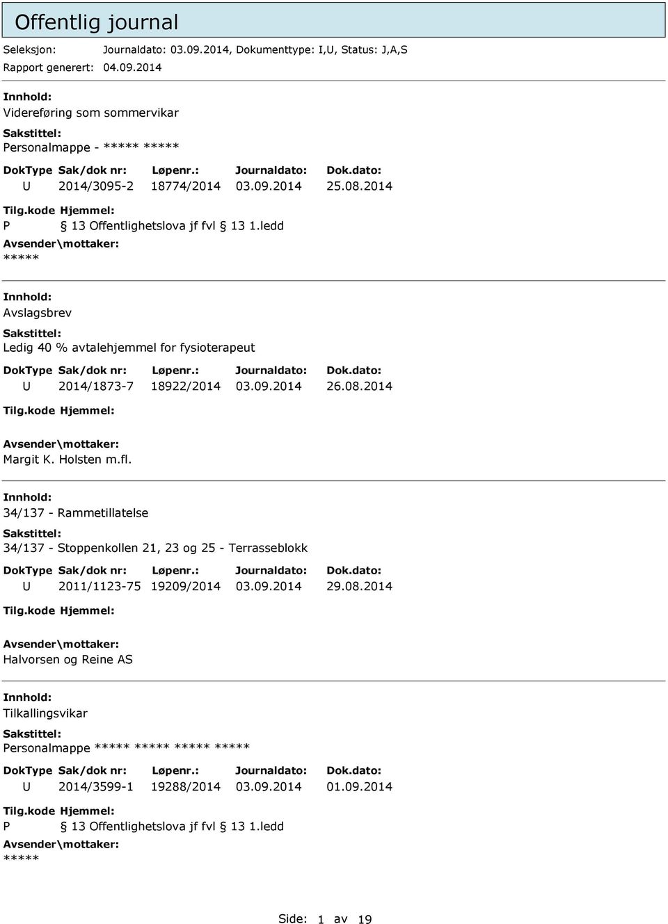 ledd Avslagsbrev Ledig 40 % avtalehjemmel for fysioterapeut 2014/1873-7 18922/2014 26.08.2014 Margit K. Holsten m.fl.