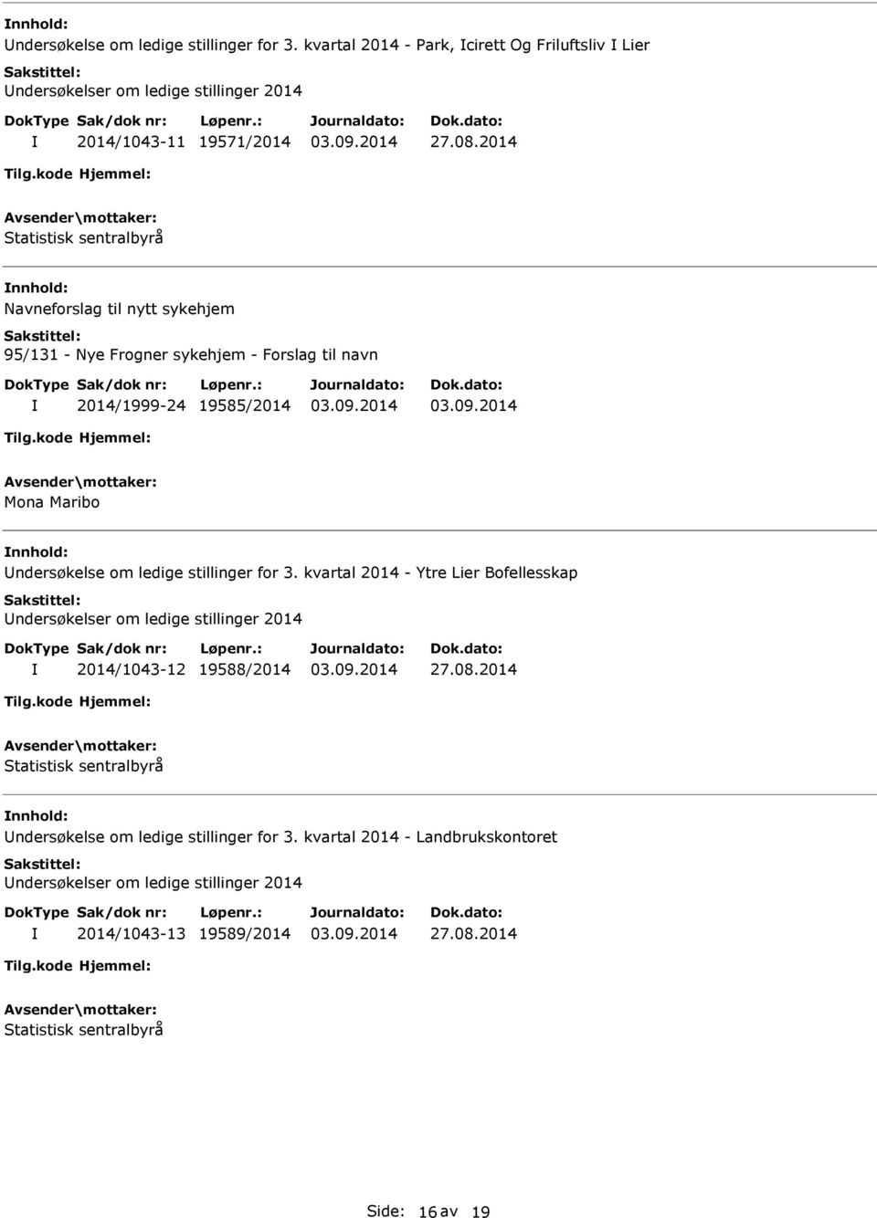ledige stillinger for 3. kvartal 2014 - Ytre Lier Bofellesskap ndersøkelser om ledige stillinger 2014 2014/1043-12 19588/2014 27.08.