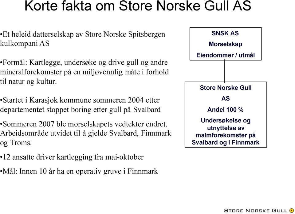 Startet i Karasjok kommune sommeren 2004 etter departementet stoppet boring etter gull på Svalbard Sommeren 2007 ble morselskapets vedtekter endret.