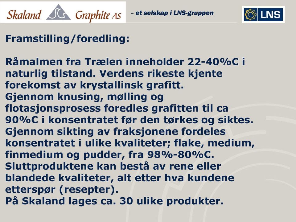 Gjennom knusing, mølling og flotasjonsprosess foredles grafitten til ca 90%C i konsentratet før den tørkes og siktes.