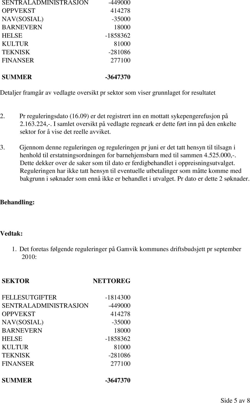 I samlet oversikt på vedlagte regneark er dette ført inn på den enkelte sektor for å vise det reelle avviket. 3.