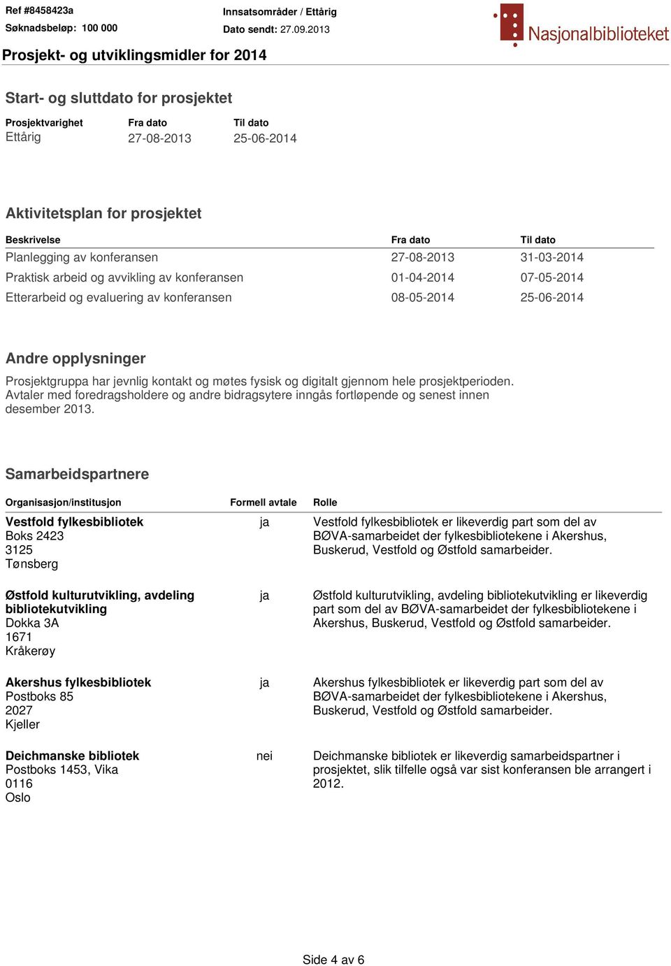 møtes fysisk og digitalt gjennom hele prosjektperioden. Avtaler med foredragsholdere og andre bidragsytere inngås fortløpende og senest innen desember 2013.