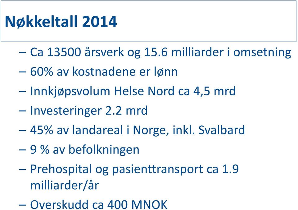 Nord ca 4,5 mrd Investeringer 2.2 mrd 45% av landareal i Norge, inkl.