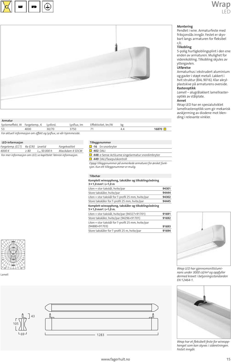 Mulighet for viderekobling. Tilkobling skjules av yttergavlen. Utførelse Armaturhus i ekstrudert aluminium og gavler i støpt metall. Lakkert i hvit struktur (RAL 9016).