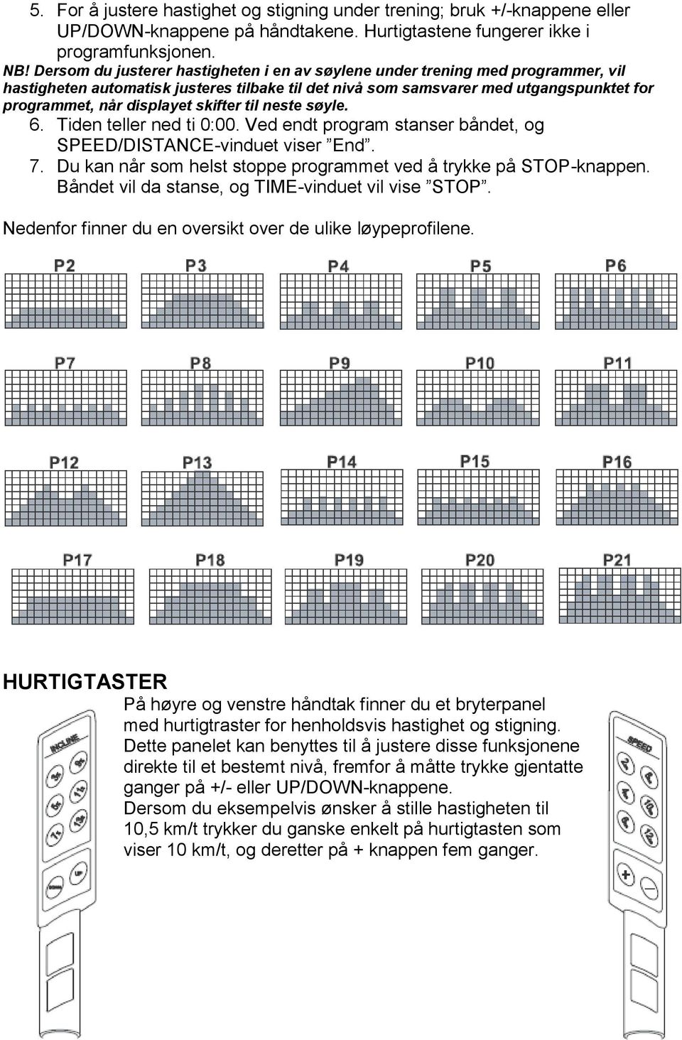 skifter til neste søyle. 6. Tiden teller ned ti 0:00. Ved endt program stanser båndet, og SPEED/DISTANCE-vinduet viser End. 7. Du kan når som helst stoppe programmet ved å trykke på STOP-knappen.